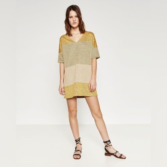 Zara WB Collection Yellow Quilted Thick Boxy Mini Shirt Dress‎ Short Sleeve Med - Picture 2 of 7